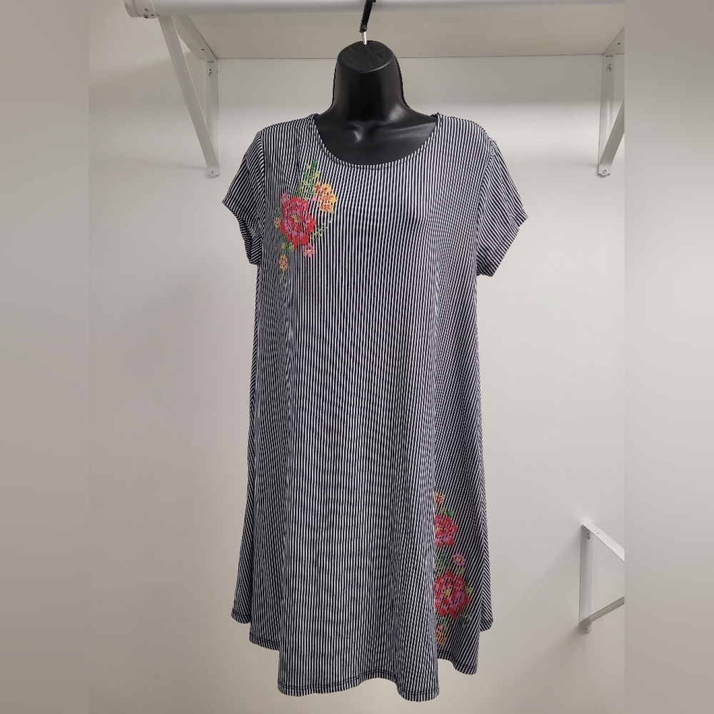 Derek Heart Striped Floral Embroidered Shirt Dress sz L